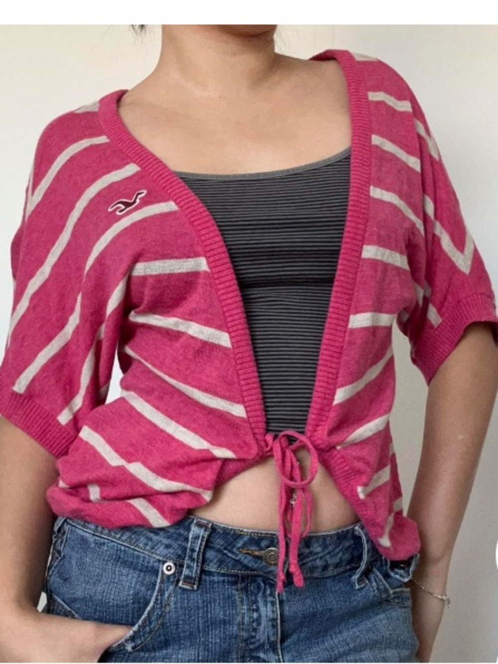Hollister Co. Preppy  Y2K Hot Pink / White Striped Tie-Front Cropped Cardigan M